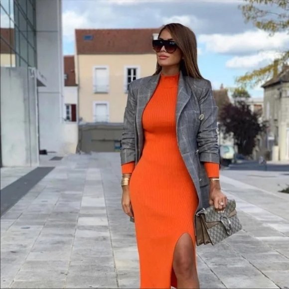 Zara Dresses & Skirts - NEW Zara NWT orange rib knit maxi dress w/slits Size Large
